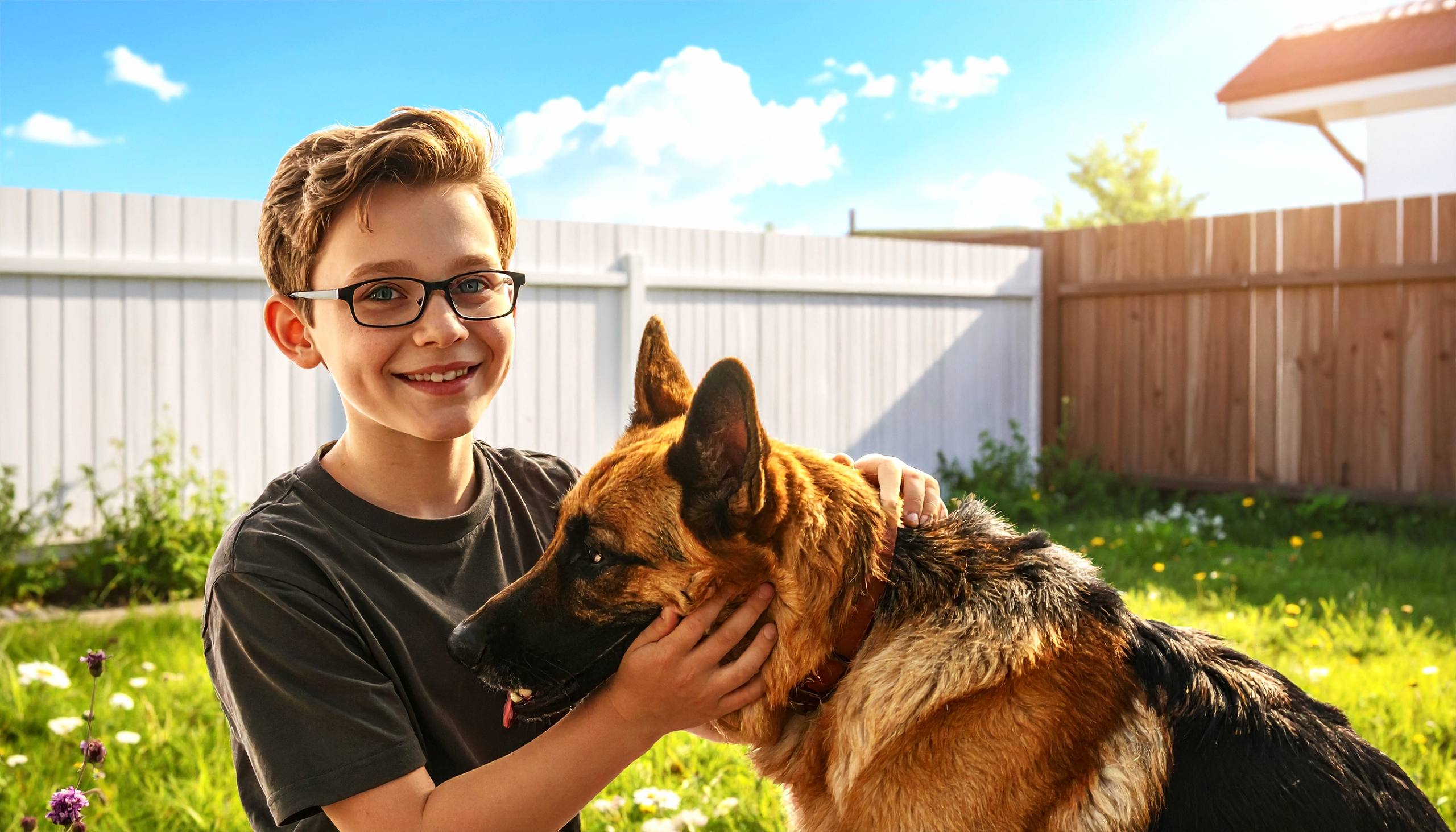 boy petting dog